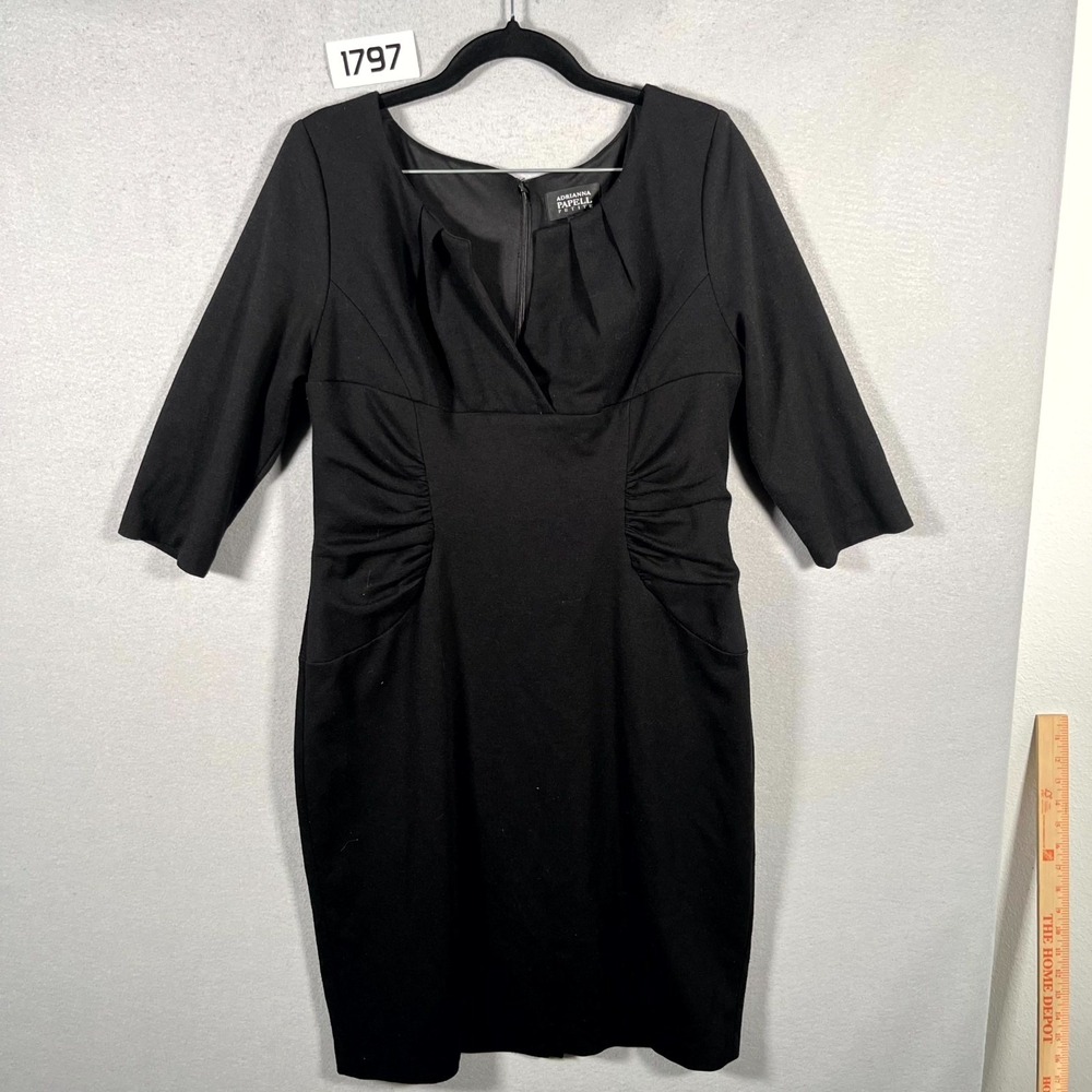 Adrianna Papell Sheath‎ Dress Womens 12P Black Back Zip Ruched Stretch V Neck